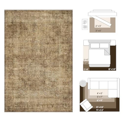 8x10 Brown Neutral Vintage Distressed Area Rug for Bedroom - Washable, Non Slip