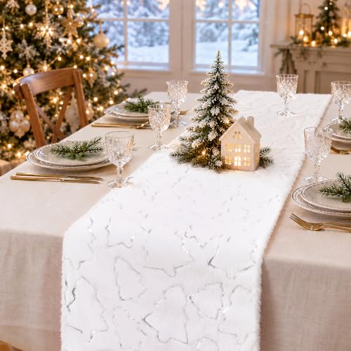 White Faux Fur Christmas Table Runner with Silver Sequin Trees - 13x48 Inches - Variation of THIS listing