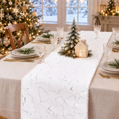 White Faux Fur Christmas Table Runner with Silver Sequin Trees - 13x48 Inches - Variation of THIS listing