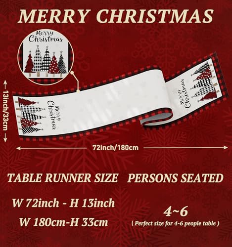 Christmas Table Runner Snowflakes and Red Buffalo Plaid 13x72 Inches - Holiday Decor