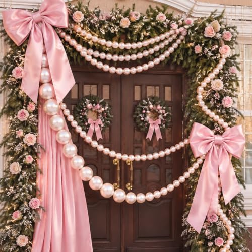 Christmas Pink Bow Garland with Pearl Beads for Outdoor Decor - 3 Pieces