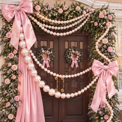 Christmas Pink Bow Garland with Pearl Beads for Outdoor Decor - 3 Pieces
