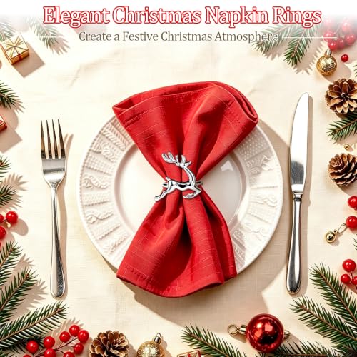 12 Pcs Christmas Silver Reindeer Napkin Rings Set of 12 for Holiday Table Decor