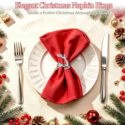 12 Pcs Christmas Silver Reindeer Napkin Rings Set of 12 for Holiday Table Decor