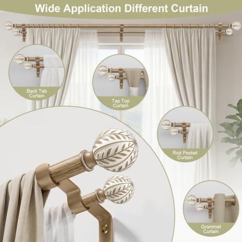 1 Inch Boho Wooden Double Curtain Rods for Windows 36-120 Inches - Adjustable