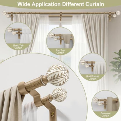 1 Inch Boho Wooden Double Curtain Rods for Windows 36-120 Inches - Adjustable