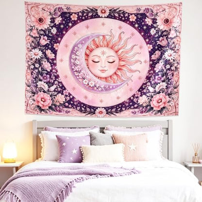 Purple & Pink Boho Sun and Moon Tapestry Wall Hanging 60x44 Inches - Bedroom Decor