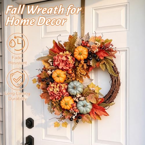 Fall Wreath for Front Door 18-Inch Artificial Pumpkin Hydrangea Autumn Decor - 1 Pcs