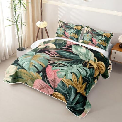 Castle Fairy Colorful Palm Leaf Quilt Set Queen Size Tropical Bedding with Pillow Shams - Green Pink Gold