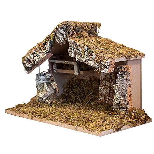 Handmade Wooden Nativity Stable with Moss for Christmas Scene - 12x7x9 Inches