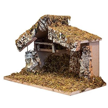Handmade Wooden Nativity Stable with Moss for Christmas Scene - 12x7x9 Inches