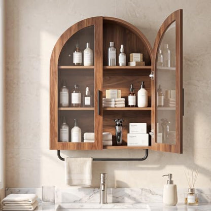 Walnut Wall-Mounted Bathroom Medicine Cabinet with Adjustable Shelves & Towel Bar - Karl Home