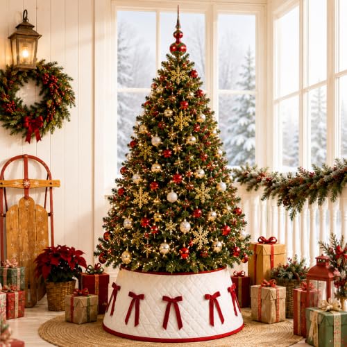 28-Inch Quilted Christmas Tree Collar with Velvet Bow - Tree Stand Cover