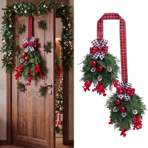 Christmas Teardrop Door Swag Wreath with Buffalo Plaid Bow - Holiday Decor