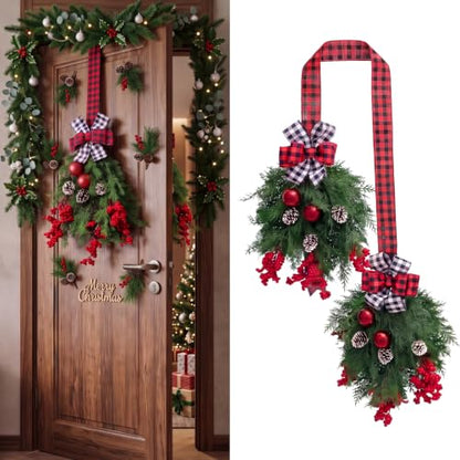Christmas Teardrop Door Swag Wreath with Buffalo Plaid Bow - Holiday Decor