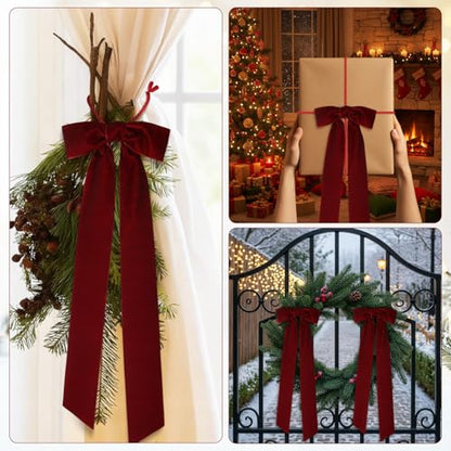 Christmas Garland Ties with Velvet Bows - Burgundy, 6 Pack