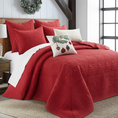 Reversible Christmas Tree Bedspread Set - King Size Red Quilted Bedding with Shams - Holiday Decor