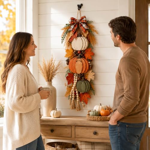 Fall Pumpkin Hanging Swag - Velvet Harvest Pumpkin Decor for Front Door & Porch - Orange2