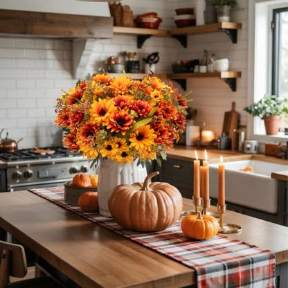 Artificial Fall Flowers for Decoration - Orange Faux Mums, 4 Bundles Outdoor