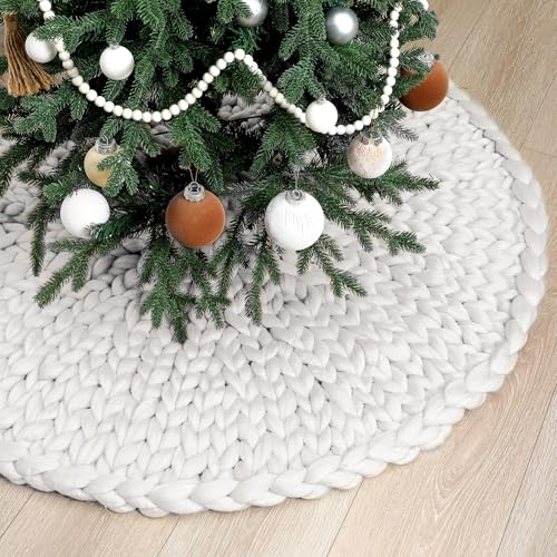 White Chunky Knit Christmas Tree Skirt 36 Inch - Rustic Holiday Decor