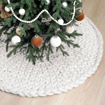 White Chunky Knit Christmas Tree Skirt 36 Inch - Rustic Holiday Decor