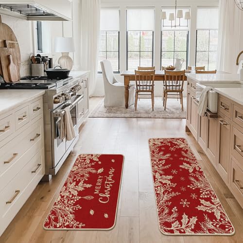 Christmas Holly Pine Branch Kitchen Mats Set of 2 - 24x35 & 24x59 Inches, Red Variation