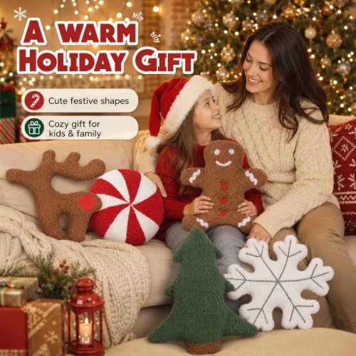Christmas Throw Pillows 5 Pack - Cute Xmas Tree Candy Gingerbread Reindeer Snowflake Plush Decor - Variation of THIS listing