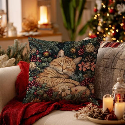 E-Tabby Cat Christmas Decor Pillow Cover 18x18 Rustic Floral Holiday Throw Pillow