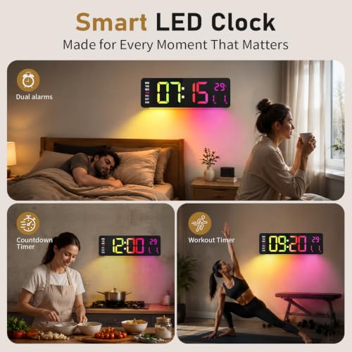 16-Inch Digital Wall Clock with RGB LED Display & Remote - Multicolor