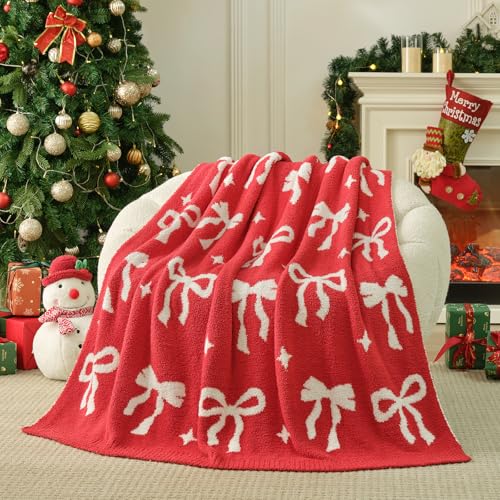Christmas Throw Blanket 50x60 Inches Reversible Soft Cozy Decor with Red Bow