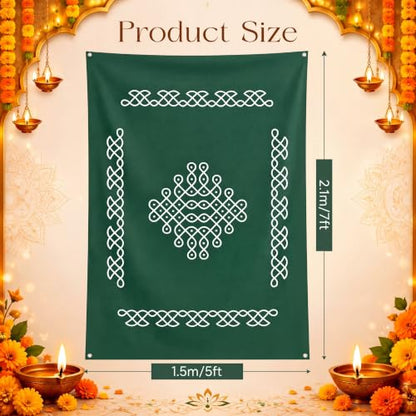 Indian Varalakshmi Pooja Backdrop Dark Green Kolam Decor 7x5ft - Traditional Festival Tapestry
