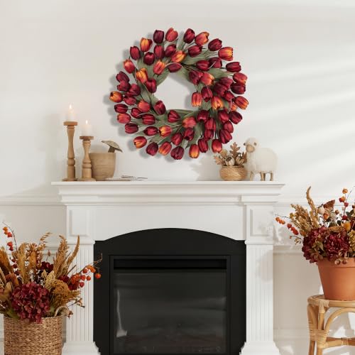 Wine Red Tulip Fall Wreath 24-Inch Front Door Decor - Fade-Resistant