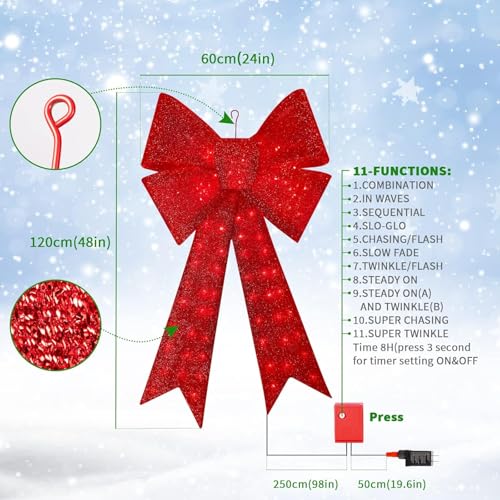 GLOWNOVA 48'' 126LED Christmas Wreath Bow with Glitter Red & Lights - Indoor Outdoor Decor