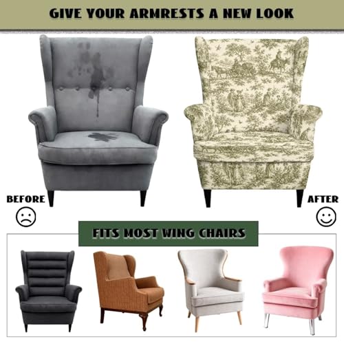 Vintage Toile De Jouy Wingback Chair Cover - Dustproof Slipcover with Elastic Bottom, Pet Safe