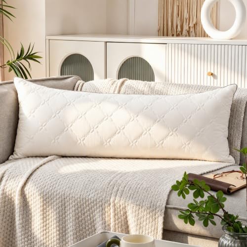 White Memory Foam Pillow Insert 14x36 Inch with Diamond Quilted Cover - Versatile Lumbar Cushion