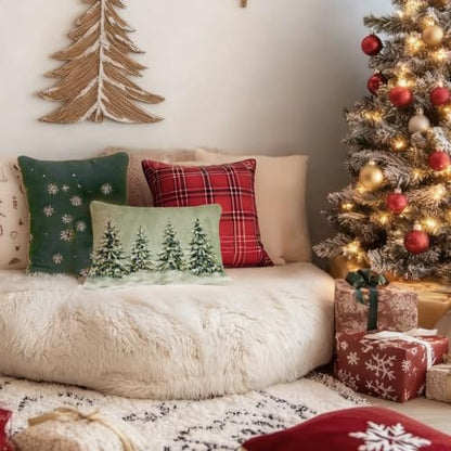 Sage Green Winter Christmas Tree Lumbar Pillow Cover 12x20 with Hidden Zipper - Pack of 1