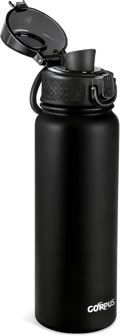 GOPPUS Insulated Water Bottle - 20oz Stainless Steel, BPA-Free, Leak-Proof Silicone Spout Lid | Black