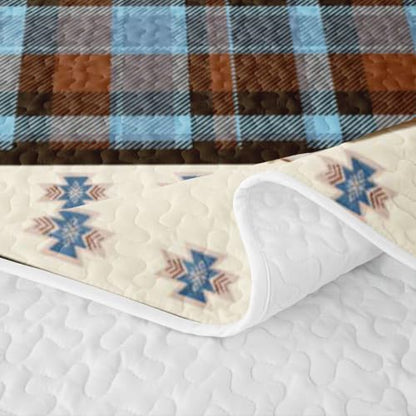 Gone Fishing King Size Quilt Set Brown Blue - All-Season Bedspread & Pillowcases