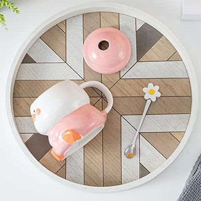 Pink Duck Coffee Mug with Hat Lid and Flower Spoon - Cute 3D Ceramic Drinkware