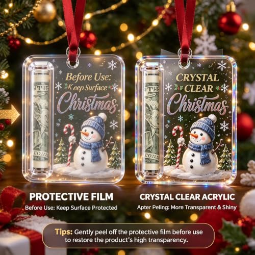 Christmas Cash Gift Ornament Set - Acrylic Holiday Money Holders with Santa Snowman Reindeer Designs