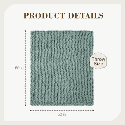 Carriediosa Chunky Knit Throw Blanket 50" X 60", 100% Hand Made Large Chenille Loop Yarn Soft Fluffy Throws for Couch Sofa Bed, Big Crochet Cozy Heavy Thick Cable Woven Blanket, Sage Green