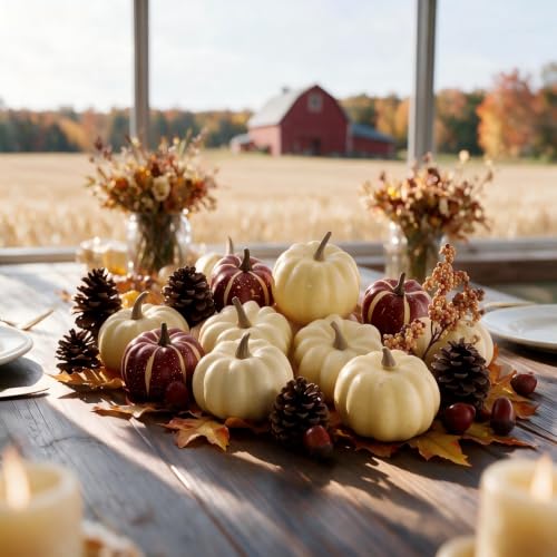 23 Pcs Fall Fake Pumpkins Set with Acorns Pine Cones Berries Maple Leaves for Thanksgiving Decor
