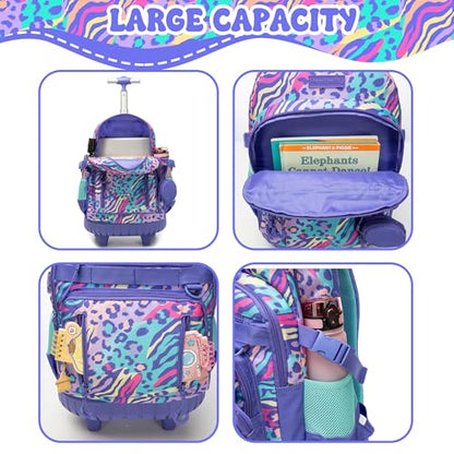 Kids Rolling Backpack Set with Lunch Bag - Blue Purple Leopard, School & Travel Bag for Girls Ages 6-12