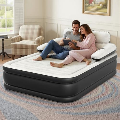 Queen Size Air Mattress with Headboard & Cup Holders, Portable Inflatable Bed