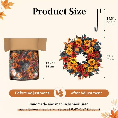 Fall Wreath for Front Door - 24 Inch Autumn Thanksgiving Halloween Decor - Orange, Red & Blue Variation