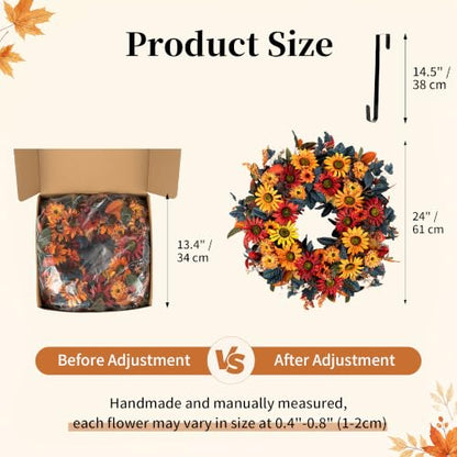 Fall Wreath for Front Door - 24 Inch Autumn Thanksgiving Halloween Decor - Orange, Red & Blue Variation