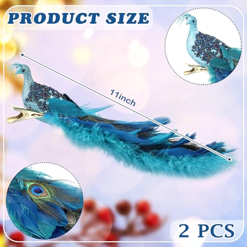 2 Pack Peacock Christmas Tree Ornaments Long Tail Feather Glitter Bird Decorations Classic Style