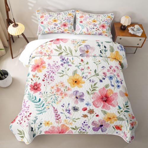 Feelyou Blossom Flowers Pattern Quilt Set Twin Size with Pillowcase - White Red