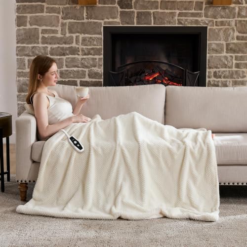 Beige Electric Heated Blanket Throw 50x60 Inches Faux Fur & Flannel