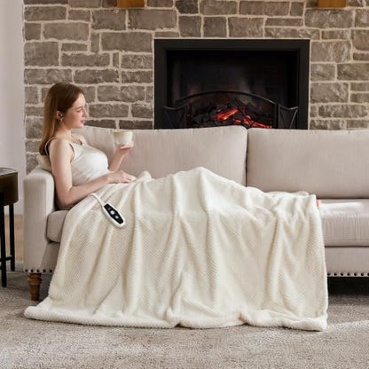 Beige Electric Heated Blanket Throw 50x60 Inches Faux Fur & Flannel